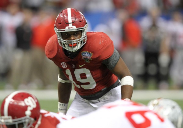 January 1, 2015: Alabama Crimson Tide linebacker Reggie Ragland (19) during the Ohio State Buckeyes game versus the Alabama Crimson Tide in their College Football Playoff Semifinal played in the Allstate Sugar Bowl at the Mercedes-Benz Superdome in New Orleans, LA.